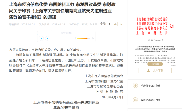 惠红网 上海出台措施，加快培育商业航天先进制造业集群